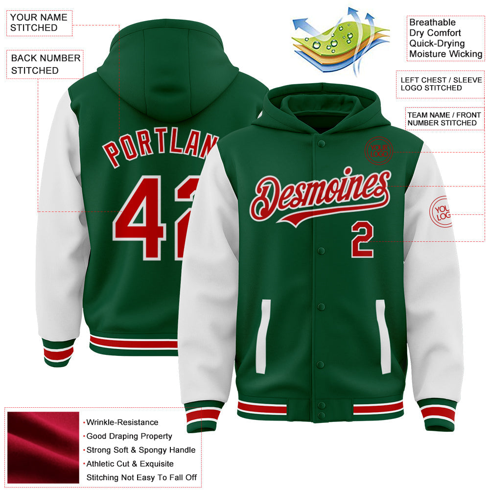 Custom Kelly Green Red-White Bomber Full-Snap Varsity Letterman Two Tone Hoodie Jacket view 3
