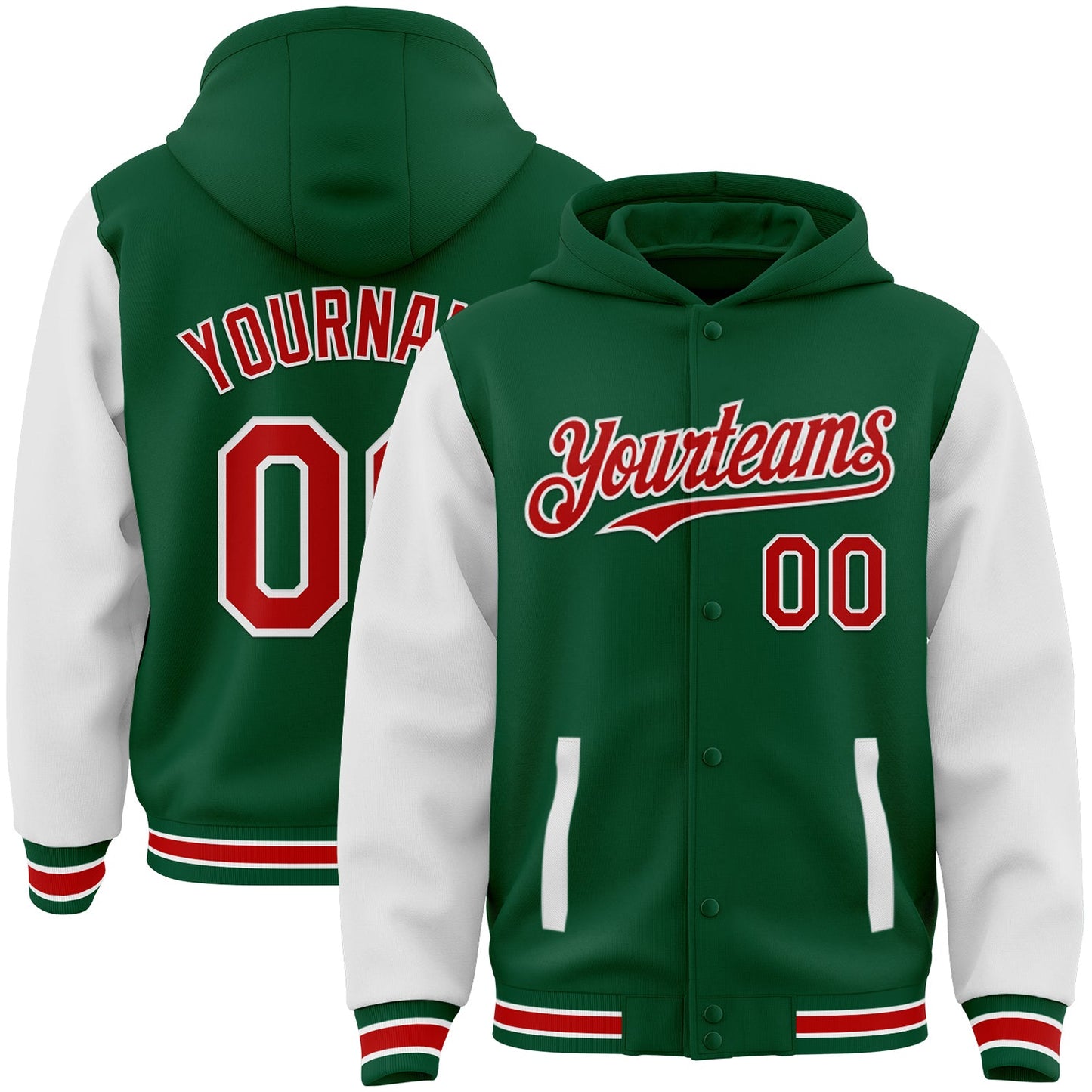 Custom Kelly Green Red-White Bomber Full-Snap Varsity Letterman Two Tone Hoodie Jacket - Main View