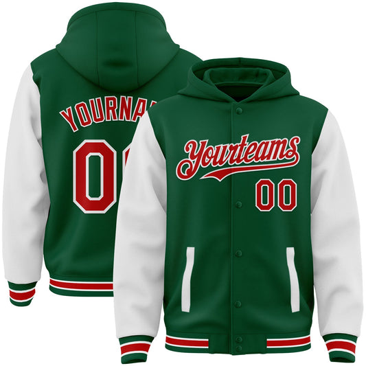 Custom Kelly Green Red-White Bomber Full-Snap Varsity Letterman Two Tone Hoodie Jacket - Main View