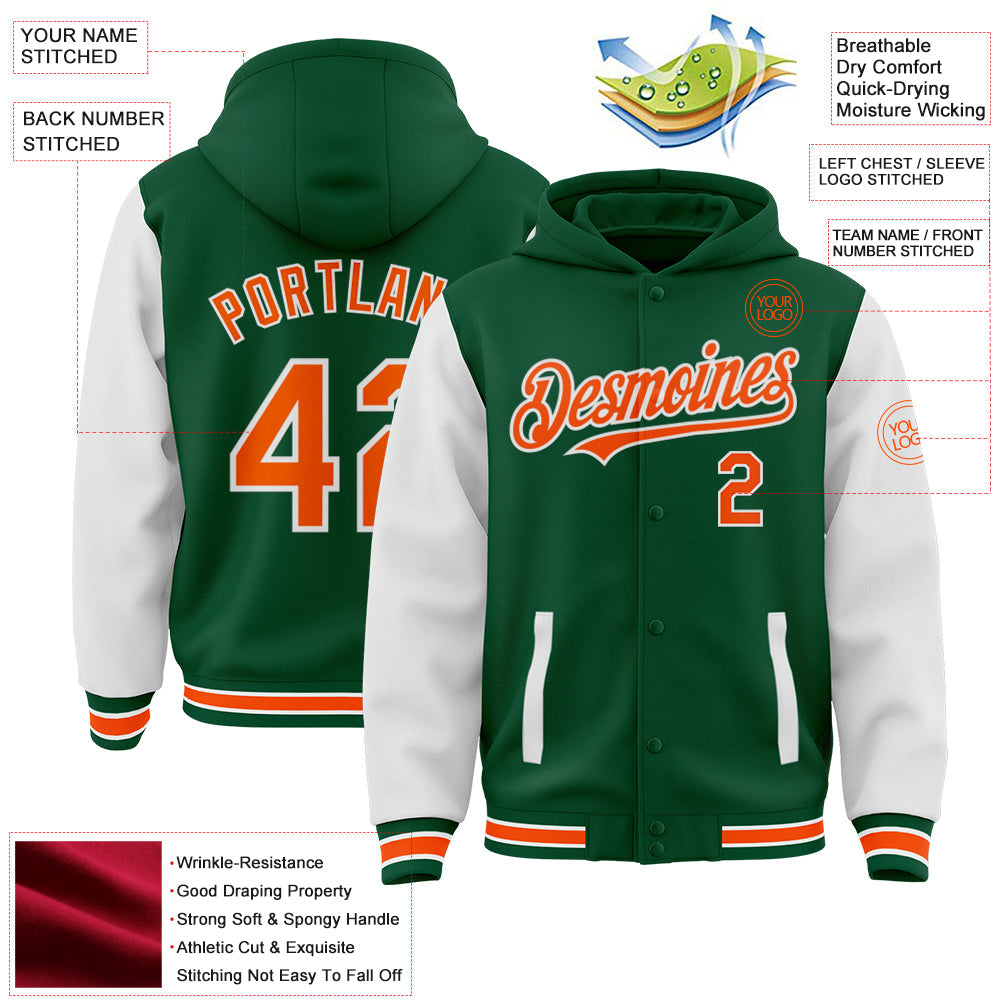 Custom Kelly Green Orange-White Bomber Full-Snap Varsity Letterman Two Tone Hoodie Jacket view 3