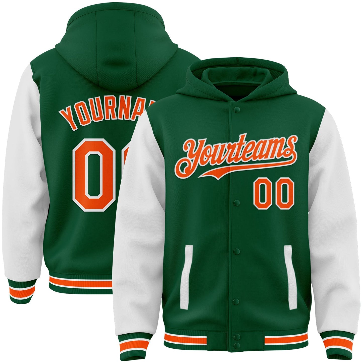 Custom Kelly Green Orange-White Bomber Full-Snap Varsity Letterman Two Tone Hoodie Jacket - Main View