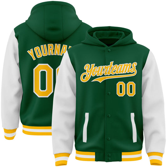 Custom Kelly Green Gold-White Bomber Full-Snap Varsity Letterman Two Tone Hoodie Jacket - Main View