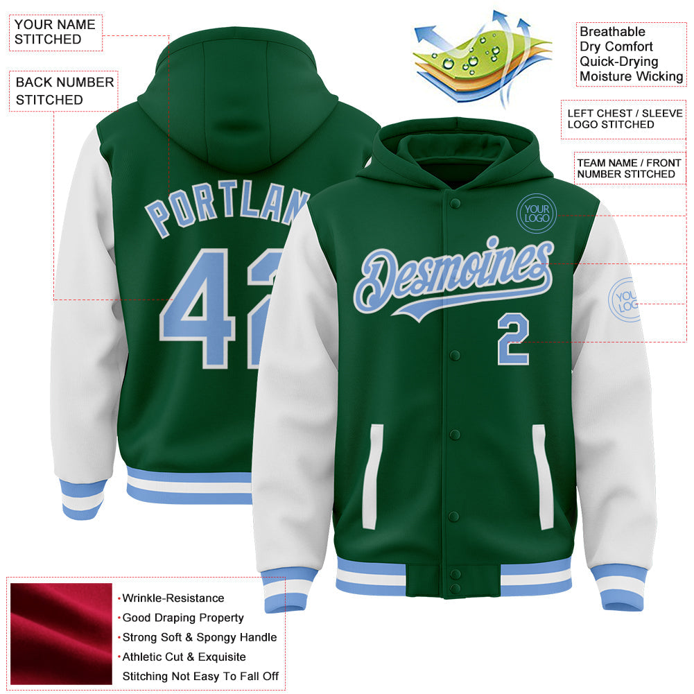 Custom Kelly Green Light Blue-White Bomber Full-Snap Varsity Letterman Two Tone Hoodie Jacket view 3