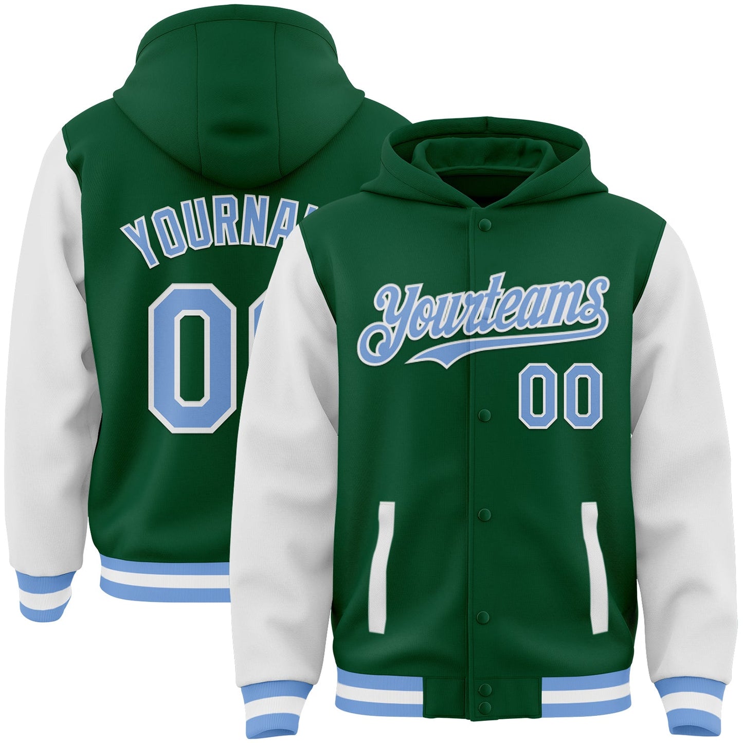 Custom Kelly Green Light Blue-White Bomber Full-Snap Varsity Letterman Two Tone Hoodie Jacket - Main View
