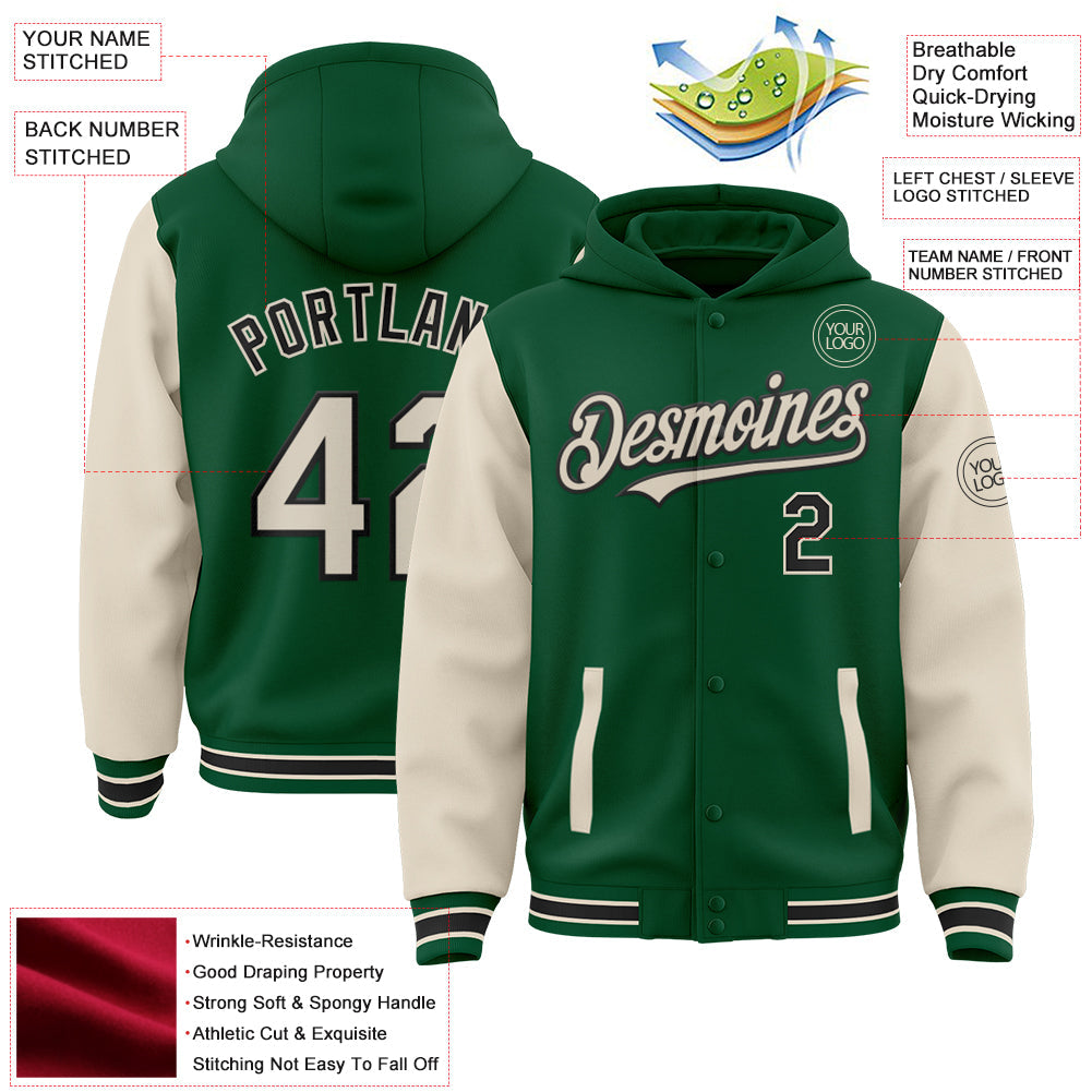 Custom Kelly Green Cream-Black Bomber Full-Snap Varsity Letterman Two Tone Hoodie Jacket view 3
