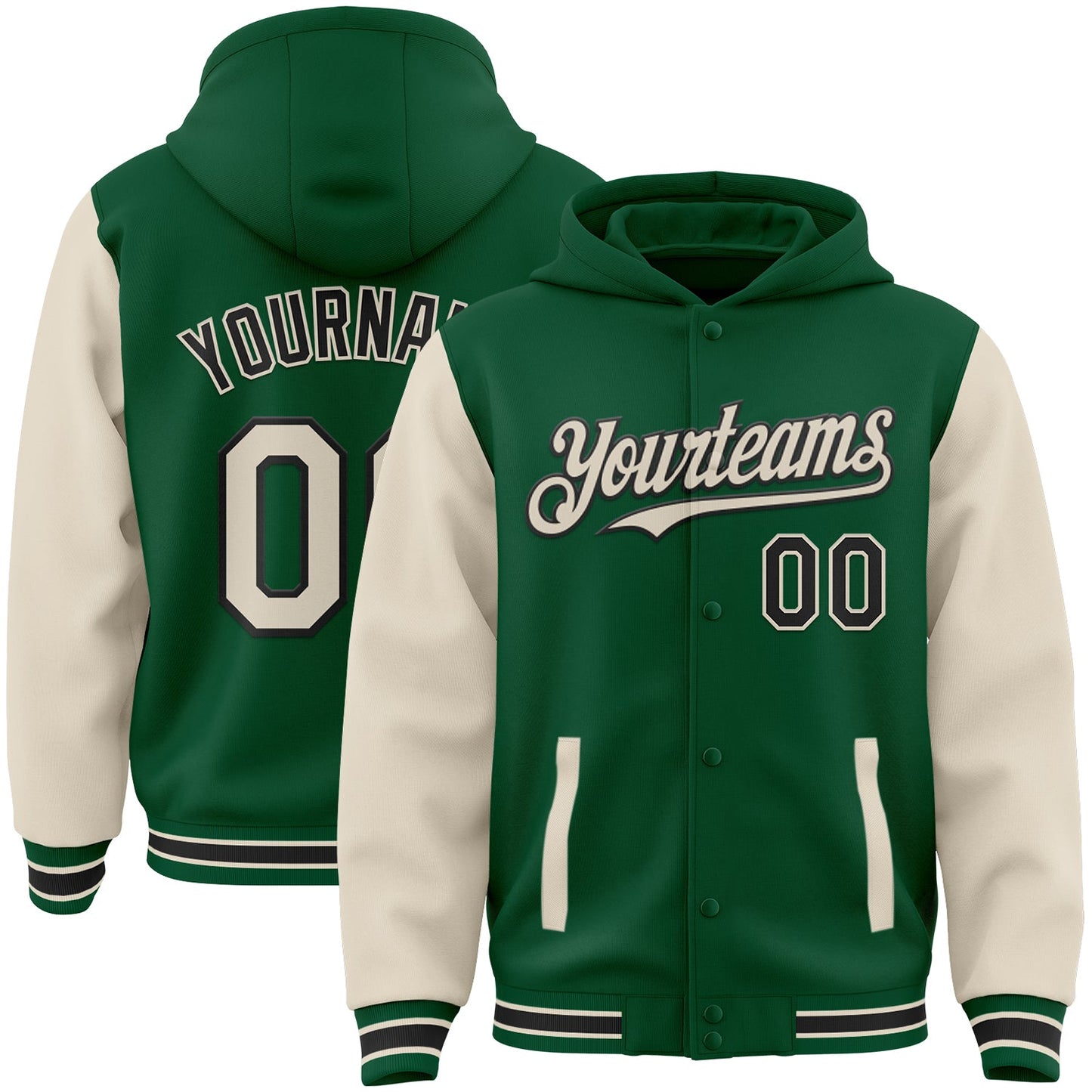 Custom Kelly Green Cream-Black Bomber Full-Snap Varsity Letterman Two Tone Hoodie Jacket - Main View
