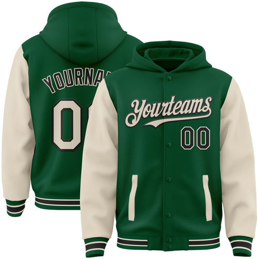 Custom Kelly Green Cream-Black Bomber Full-Snap Varsity Letterman Two Tone Hoodie Jacket - Main View
