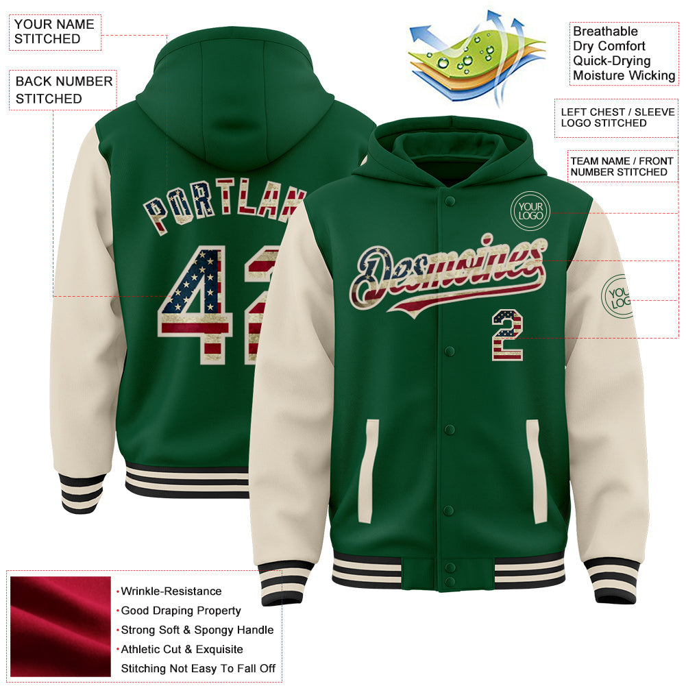 Custom Kelly Green Vintage USA Flag Cream-Black Bomber Full-Snap Varsity Letterman Two Tone Hoodie Jacket view 3