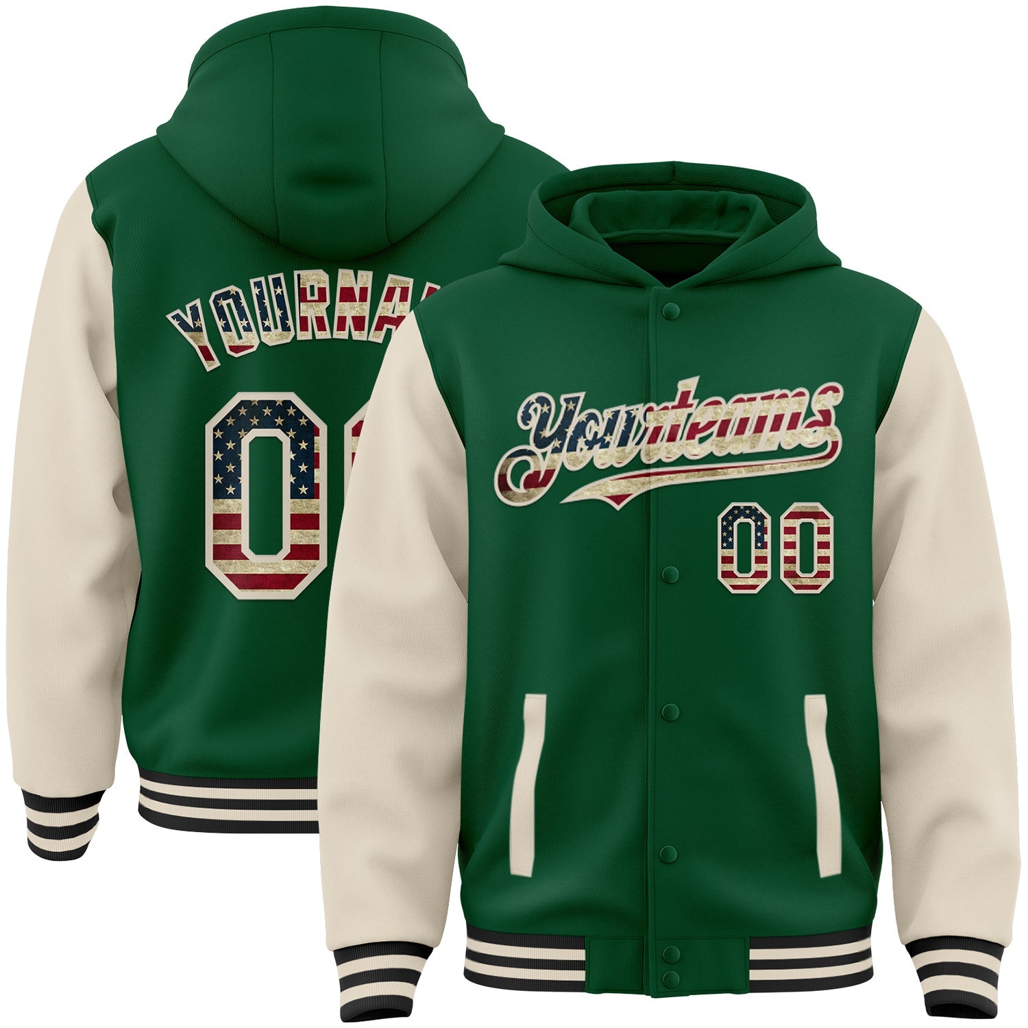 Custom Kelly Green Vintage USA Flag Cream-Black Bomber Full-Snap Varsity Letterman Two Tone Hoodie Jacket - Main View