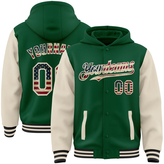 Custom Kelly Green Vintage USA Flag Cream-Black Bomber Full-Snap Varsity Letterman Two Tone Hoodie Jacket - Main View