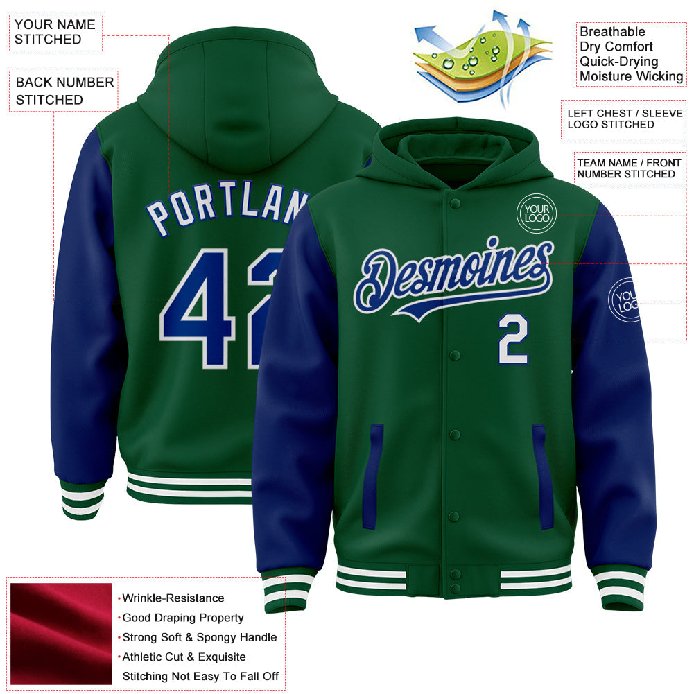 Custom Kelly Green Royal-White Bomber Full-Snap Varsity Letterman Two Tone Hoodie Jacket view 3