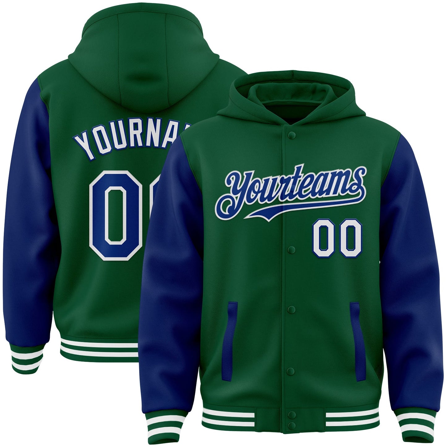 Custom Kelly Green Royal-White Bomber Full-Snap Varsity Letterman Two Tone Hoodie Jacket - Main View