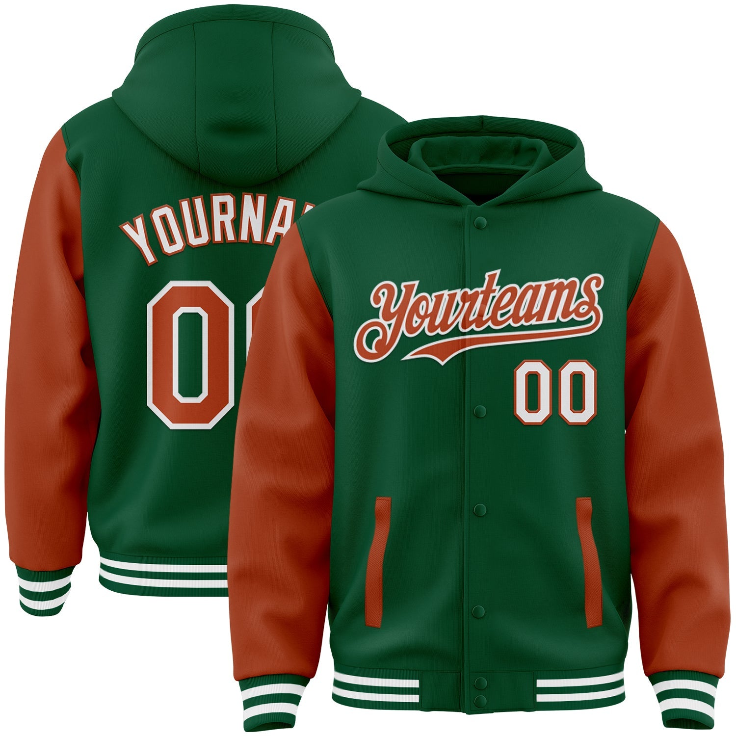 Custom Kelly Green Texas Orange-White Bomber Full-Snap Varsity Letterman Two Tone Hoodie Jacket - Main View