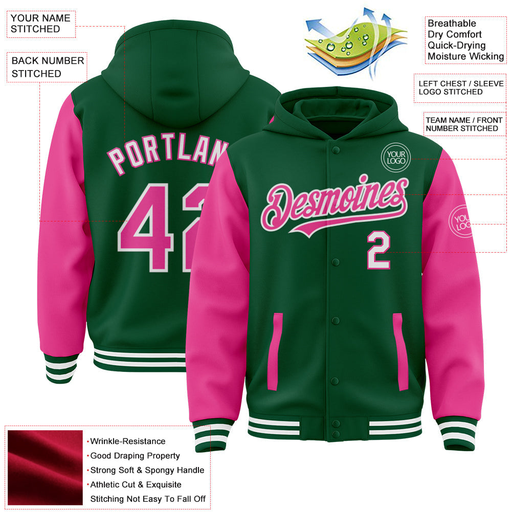 Custom Kelly Green Pink-White Bomber Full-Snap Varsity Letterman Two Tone Hoodie Jacket view 3