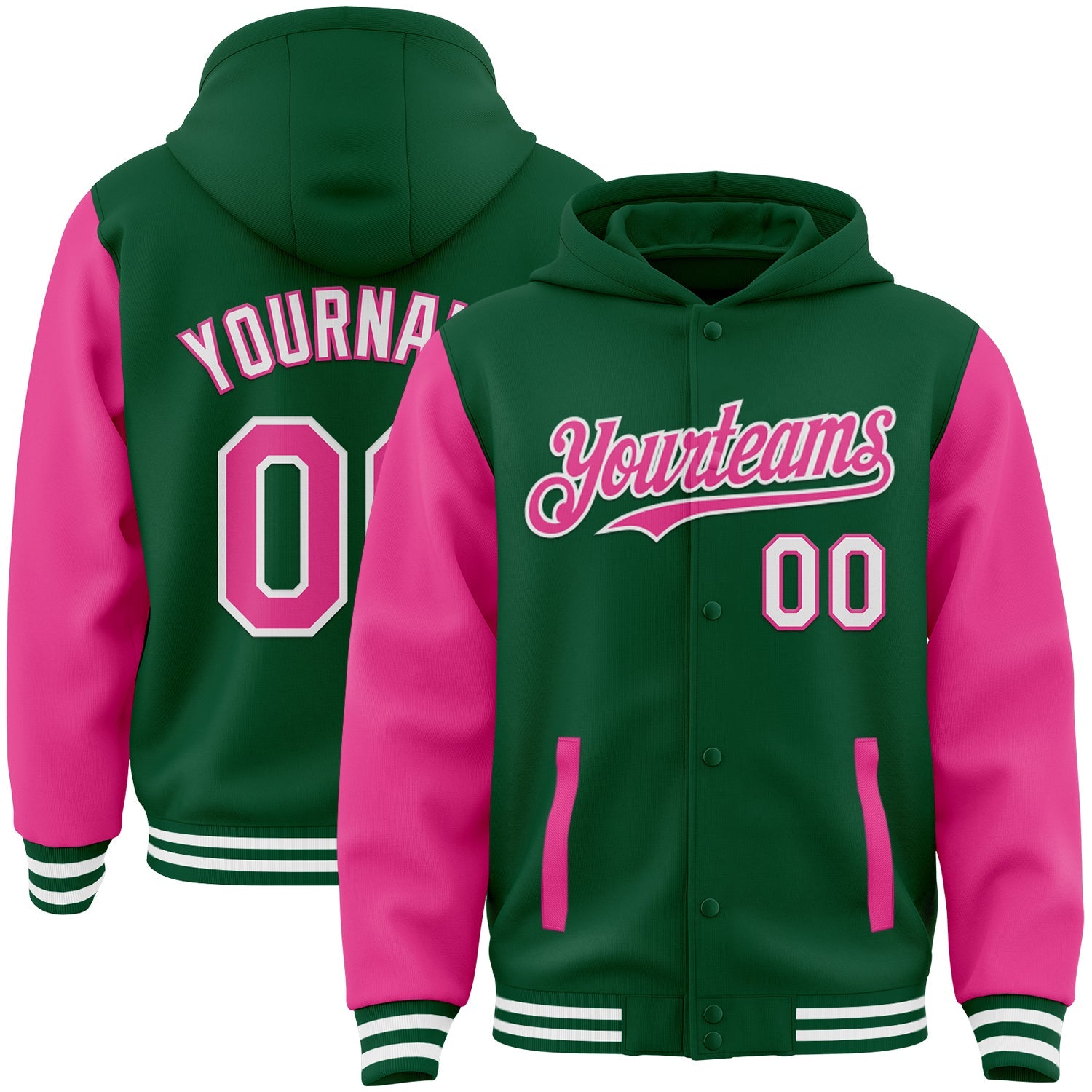 Custom Kelly Green Pink-White Bomber Full-Snap Varsity Letterman Two Tone Hoodie Jacket - Main View