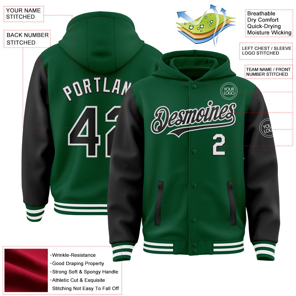 Custom Kelly Green Black-White Bomber Full-Snap Varsity Letterman Two Tone Hoodie Jacket view 3