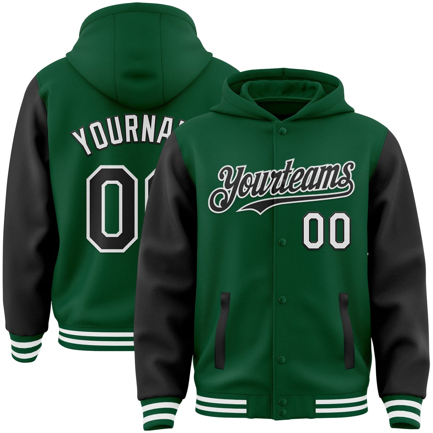 Custom Kelly Green Black-White Bomber Full-Snap Varsity Letterman Two Tone Hoodie Jacket - Main View