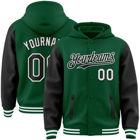 Custom Kelly Green Black-White Bomber Full-Snap Varsity Letterman Two Tone Hoodie Jacket - Main View