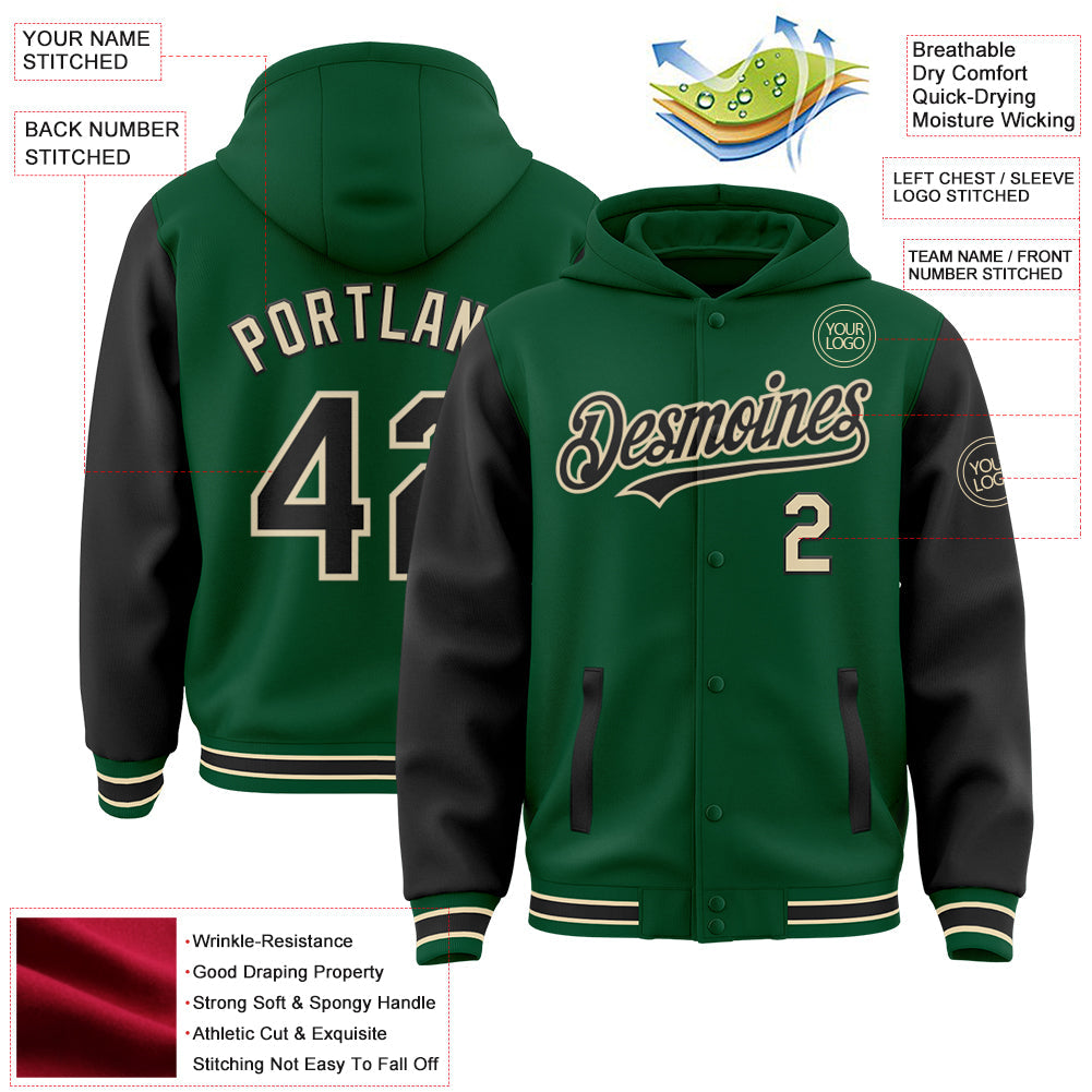 Custom Kelly Green Black-Cream Bomber Full-Snap Varsity Letterman Two Tone Hoodie Jacket view 3