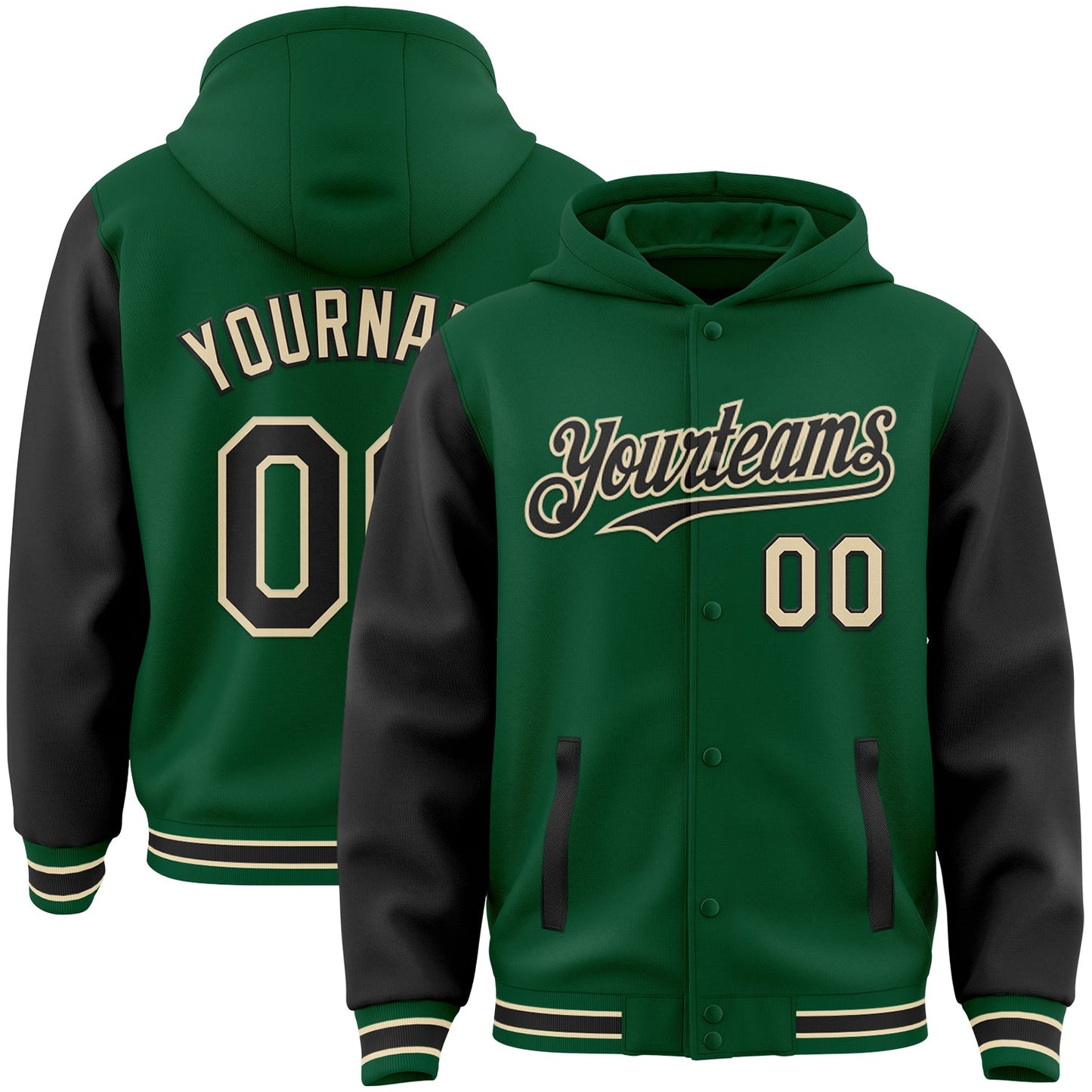 Custom Kelly Green Black-Cream Bomber Full-Snap Varsity Letterman Two Tone Hoodie Jacket - Main View