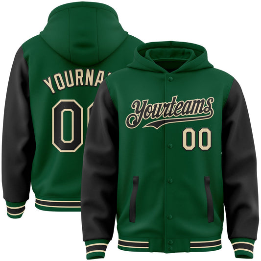 Custom Kelly Green Black-Cream Bomber Full-Snap Varsity Letterman Two Tone Hoodie Jacket - Main View