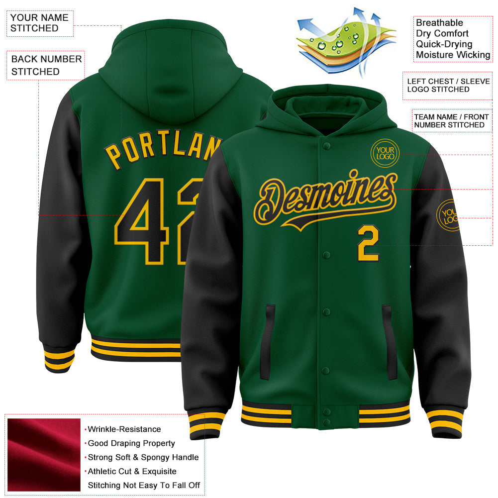 Custom Kelly Green Black-Gold Bomber Full-Snap Varsity Letterman Two Tone Hoodie Jacket view 3
