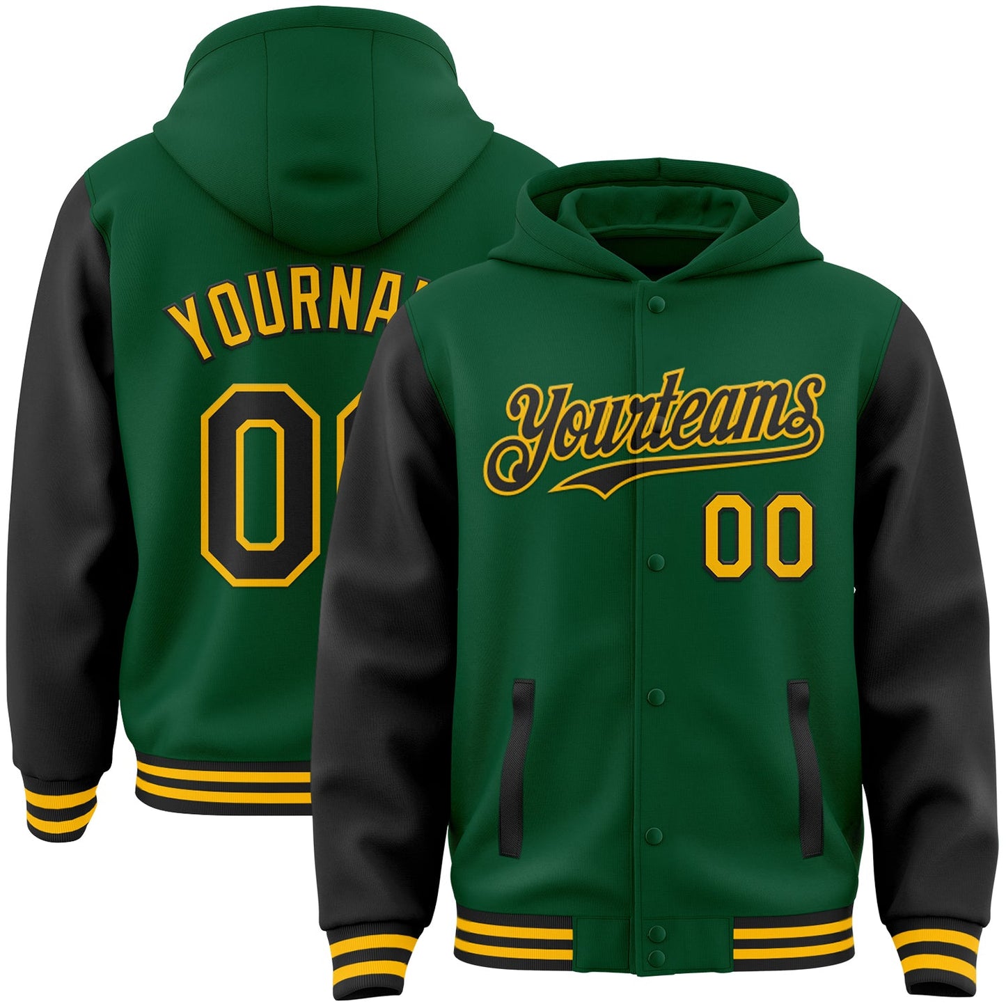 Custom Kelly Green Black-Gold Bomber Full-Snap Varsity Letterman Two Tone Hoodie Jacket - Main View