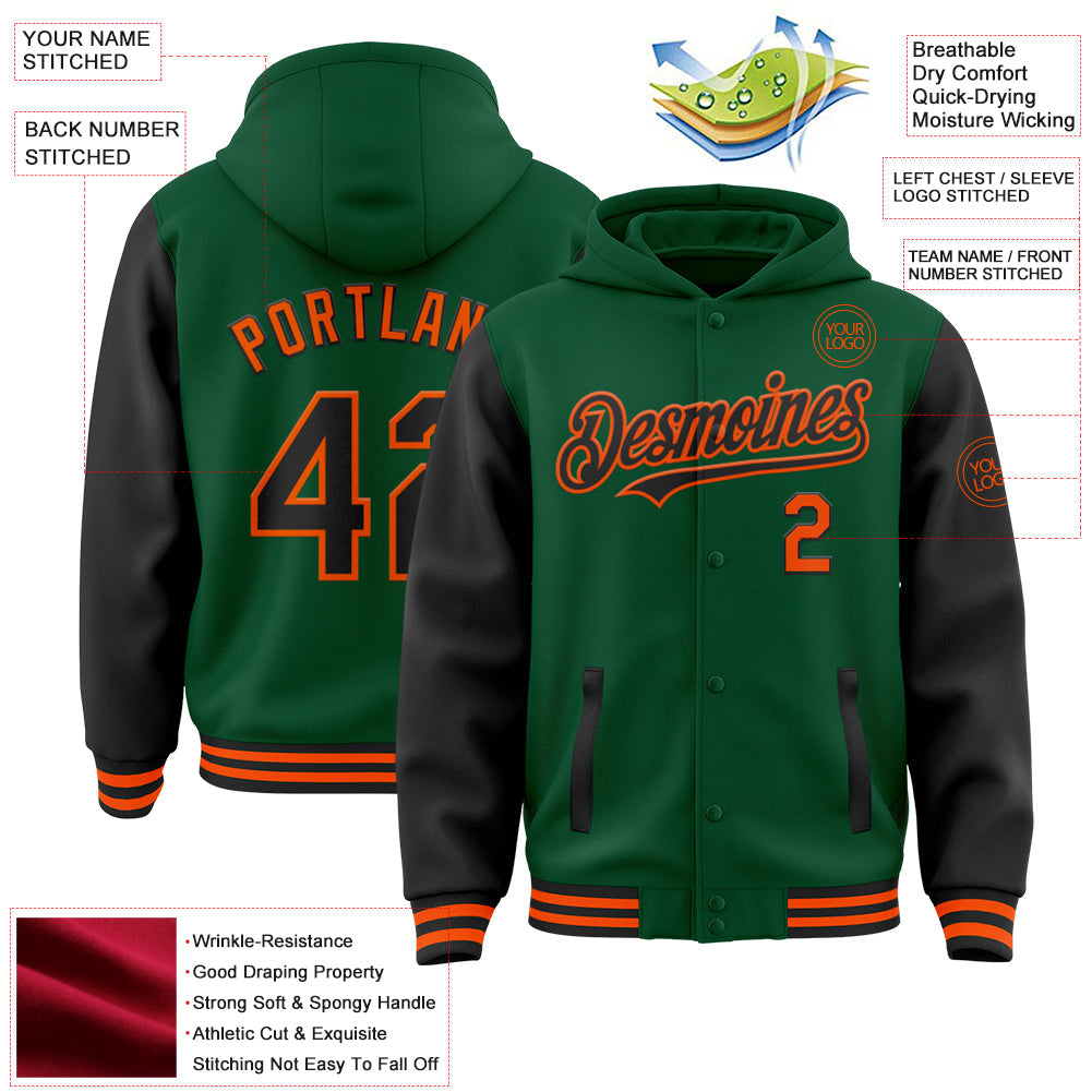 Custom Kelly Green Black-Orange Bomber Full-Snap Varsity Letterman Two Tone Hoodie Jacket view 3