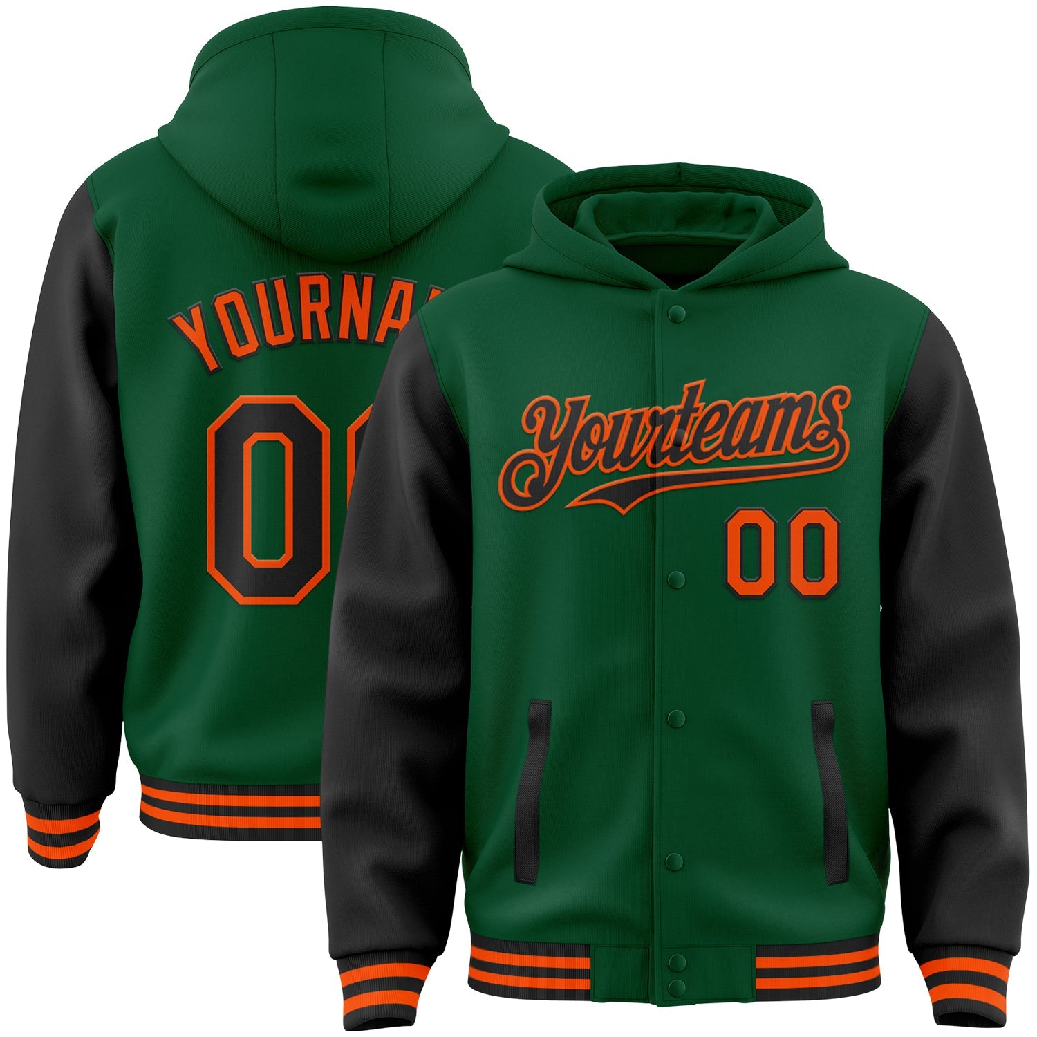 Custom Kelly Green Black-Orange Bomber Full-Snap Varsity Letterman Two Tone Hoodie Jacket - Main View