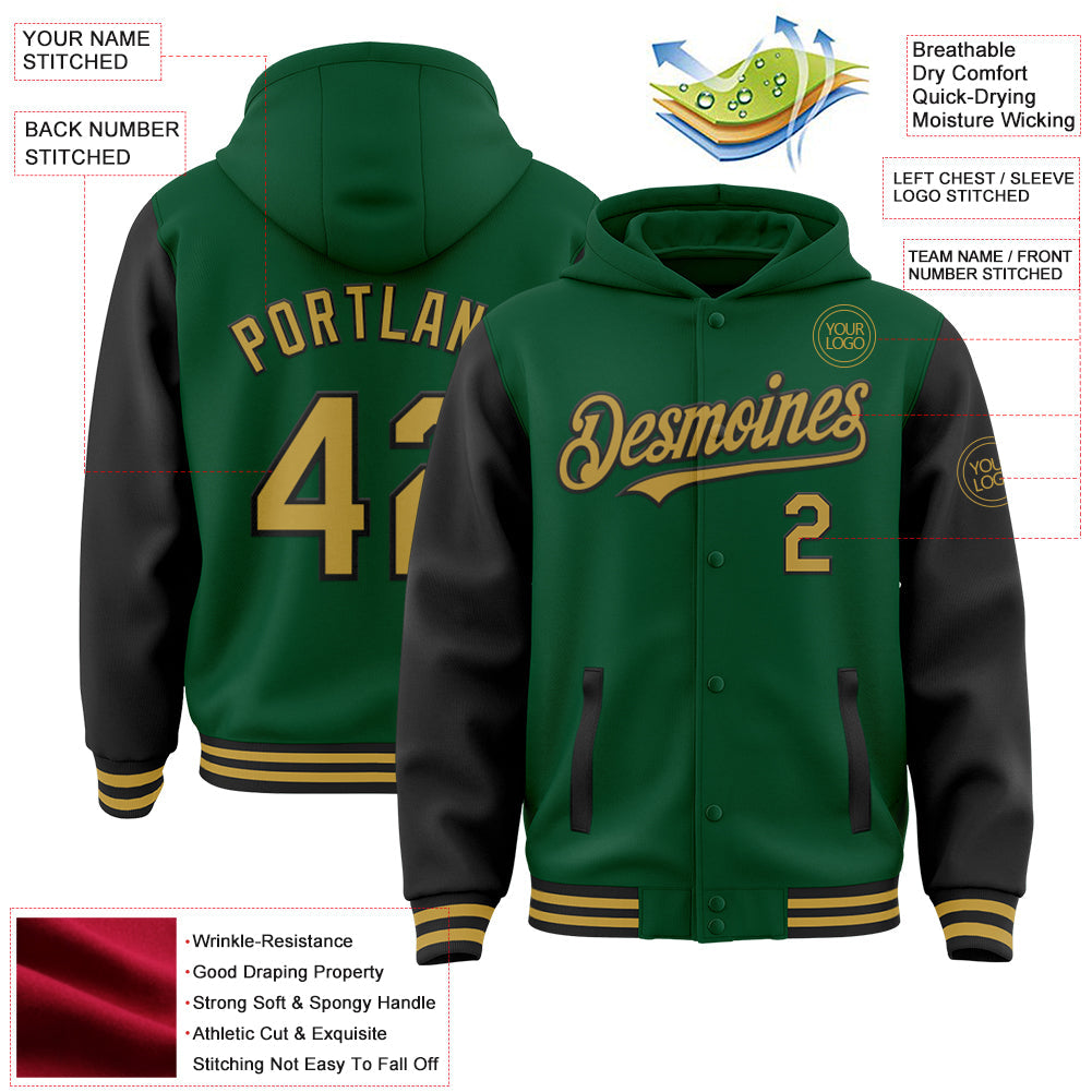 Custom Kelly Green Old Gold-Black Bomber Full-Snap Varsity Letterman Two Tone Hoodie Jacket view 3