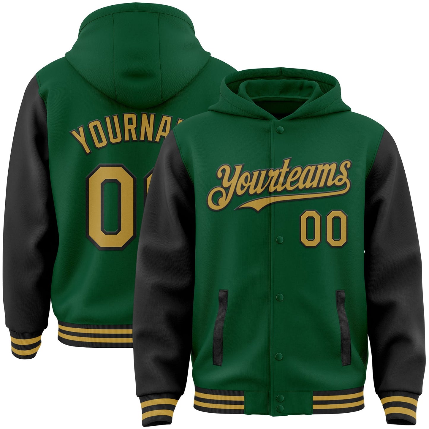 Custom Kelly Green Old Gold-Black Bomber Full-Snap Varsity Letterman Two Tone Hoodie Jacket - Main View