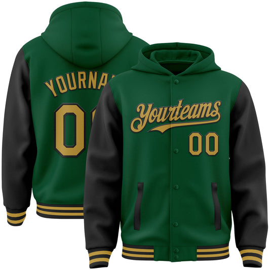 Custom Kelly Green Old Gold-Black Bomber Full-Snap Varsity Letterman Two Tone Hoodie Jacket - Main View