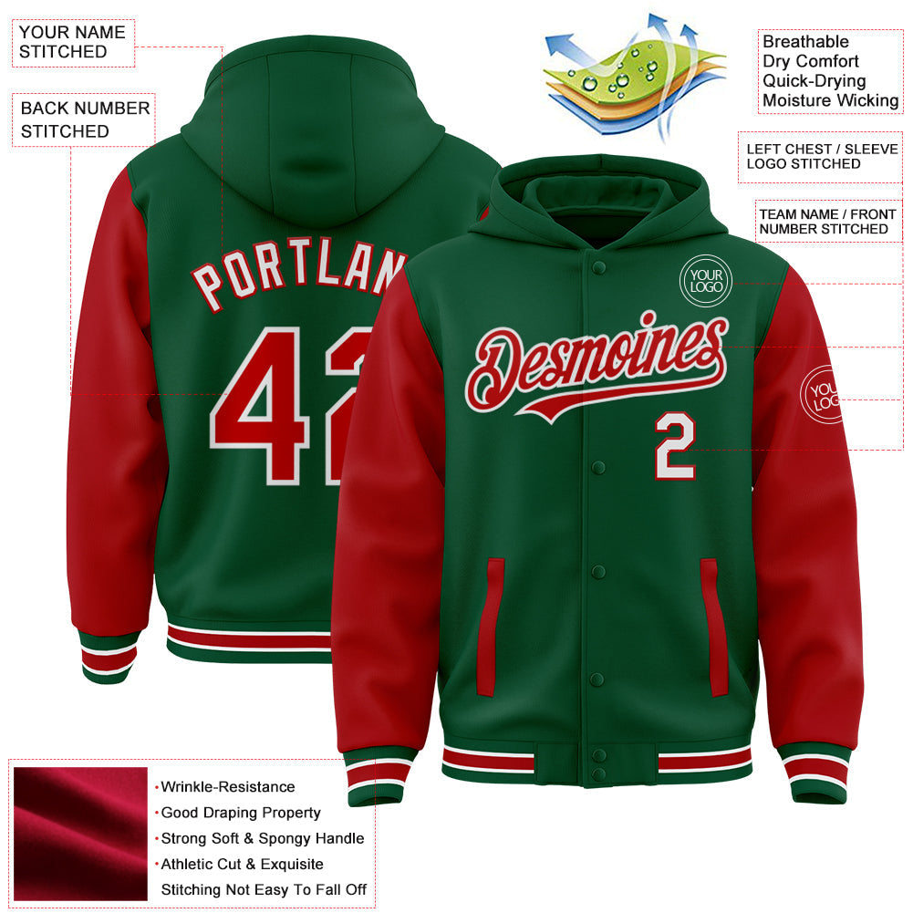 Custom Kelly Green Red-White Bomber Full-Snap Varsity Letterman Two Tone Hoodie Jacket view 3