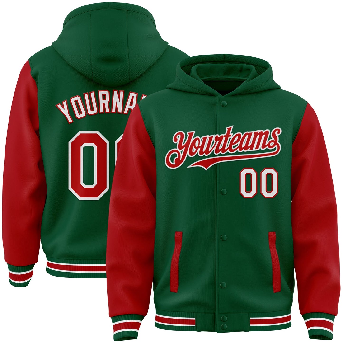 Custom Kelly Green Red-White Bomber Full-Snap Varsity Letterman Two Tone Hoodie Jacket - Main View