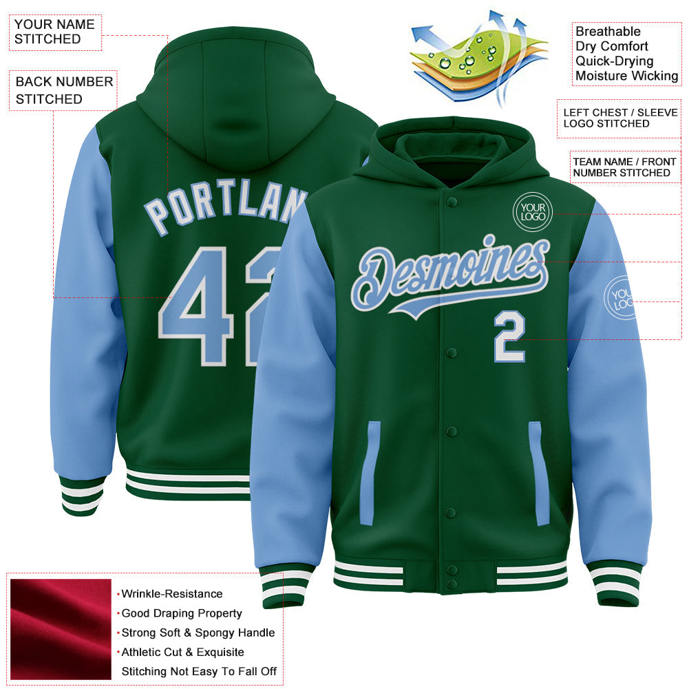 Custom Kelly Green Light Blue-White Bomber Full-Snap Varsity Letterman Two Tone Hoodie Jacket view 3