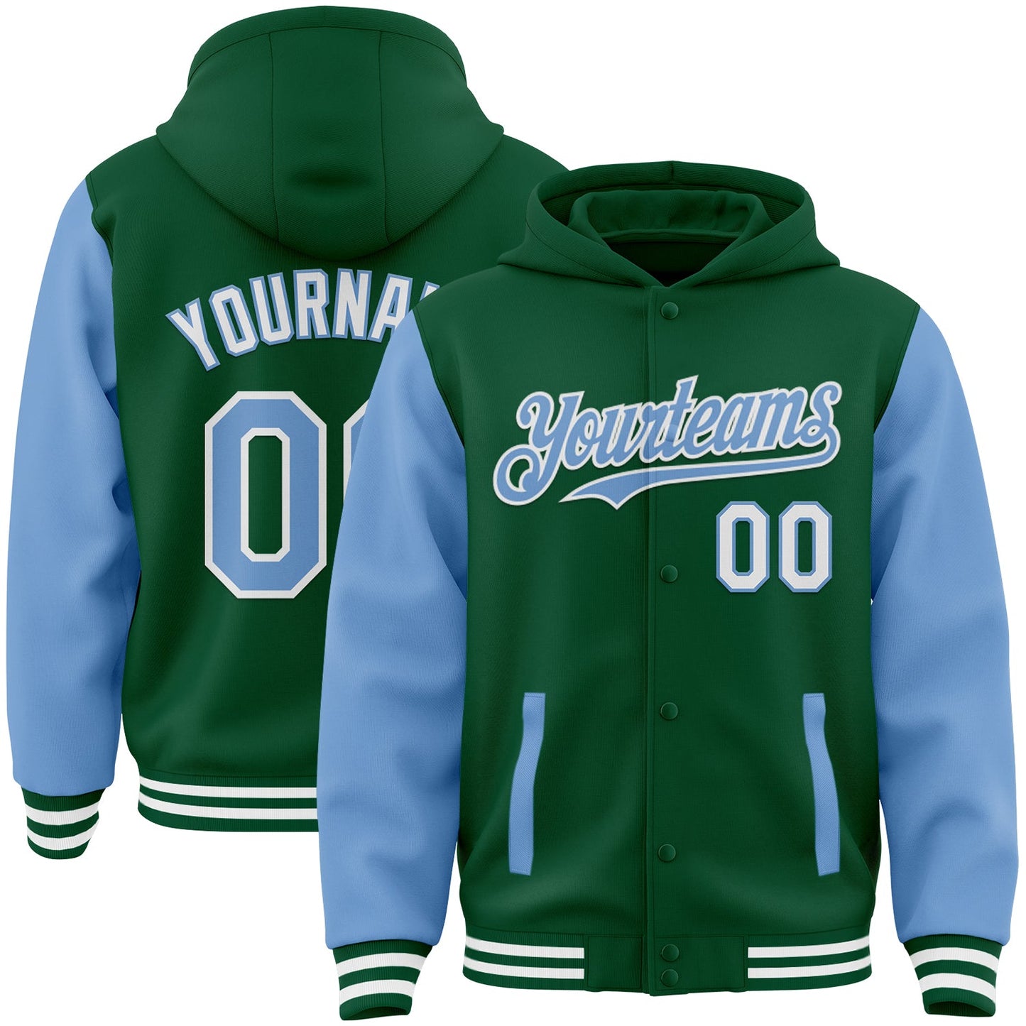 Custom Kelly Green Light Blue-White Bomber Full-Snap Varsity Letterman Two Tone Hoodie Jacket - Main View