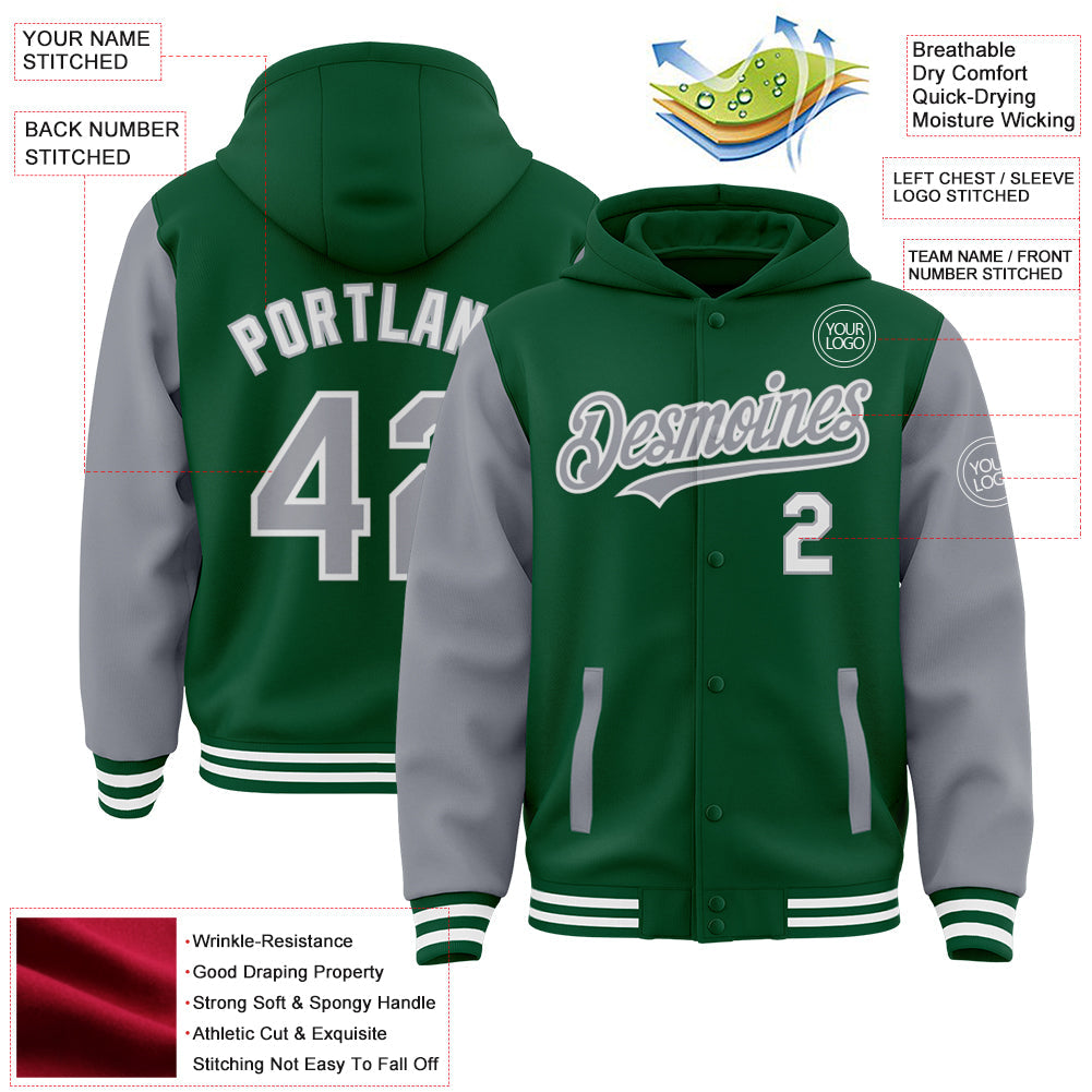 Custom Kelly Green Gray-White Bomber Full-Snap Varsity Letterman Two Tone Hoodie Jacket view 3