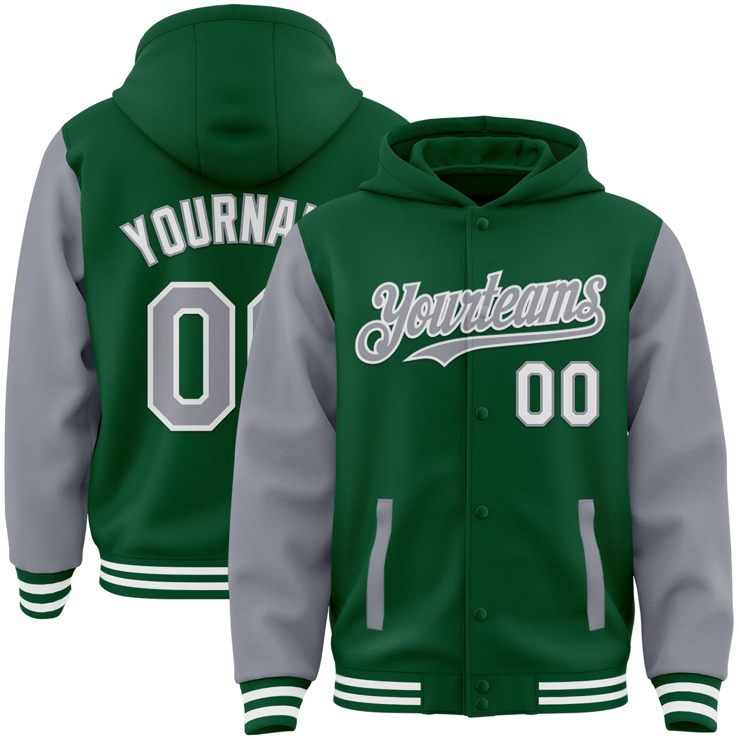 Custom Kelly Green Gray-White Bomber Full-Snap Varsity Letterman Two Tone Hoodie Jacket - Main View