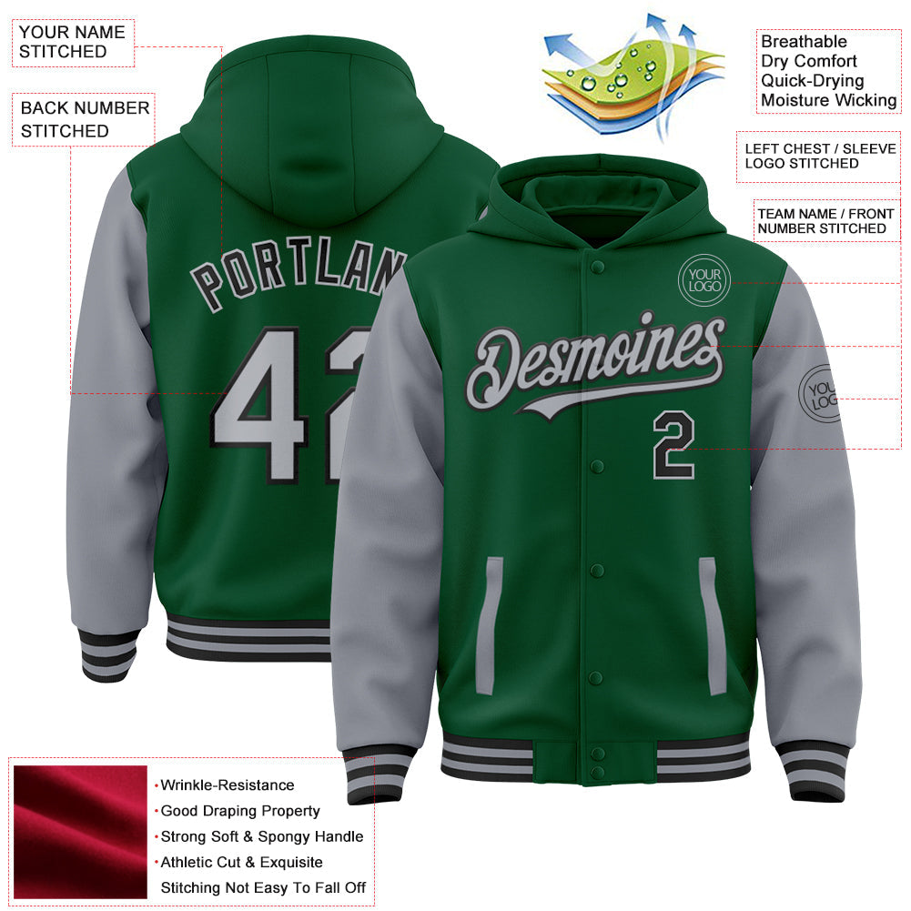 Custom Kelly Green Gray-Black Bomber Full-Snap Varsity Letterman Two Tone Hoodie Jacket view 3