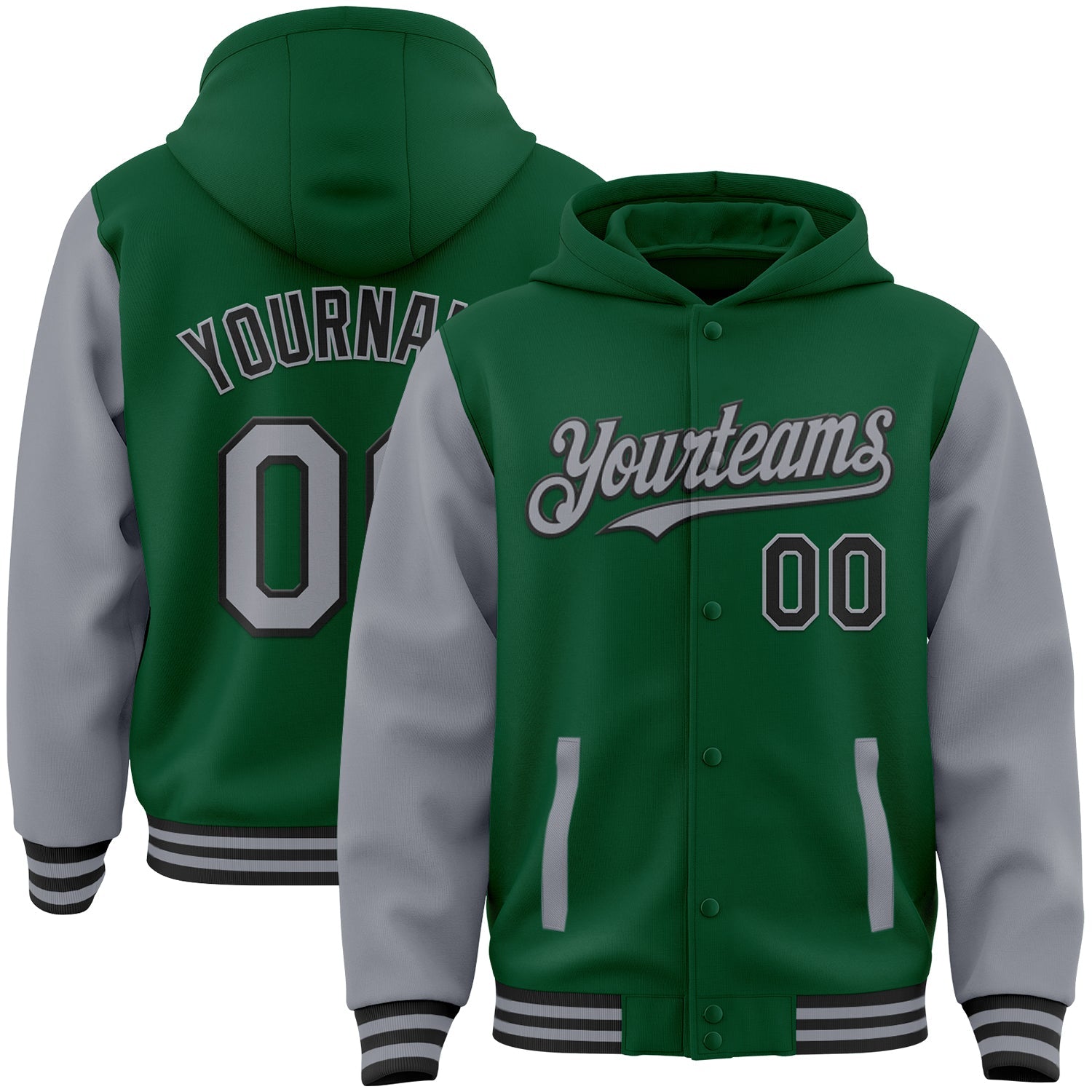 Custom Kelly Green Gray-Black Bomber Full-Snap Varsity Letterman Two Tone Hoodie Jacket - Main View