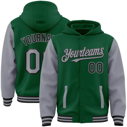 Custom Kelly Green Gray-Black Bomber Full-Snap Varsity Letterman Two Tone Hoodie Jacket - Main View