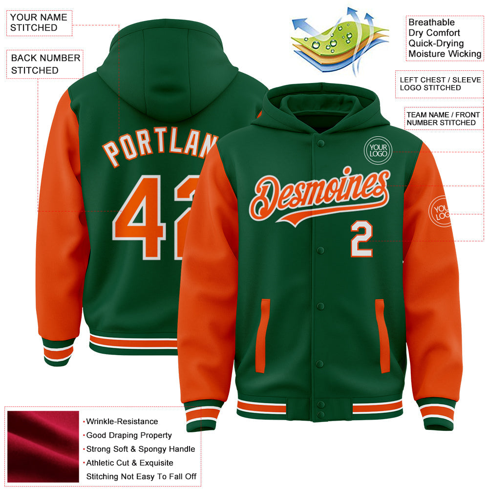 Custom Kelly Green Orange-White Bomber Full-Snap Varsity Letterman Two Tone Hoodie Jacket view 3