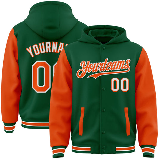 Custom Kelly Green Orange-White Bomber Full-Snap Varsity Letterman Two Tone Hoodie Jacket - Main View