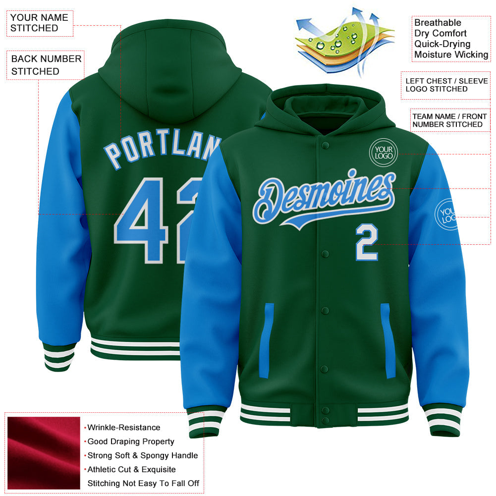 Custom Kelly Green Powder Blue-White Bomber Full-Snap Varsity Letterman Two Tone Hoodie Jacket view 3