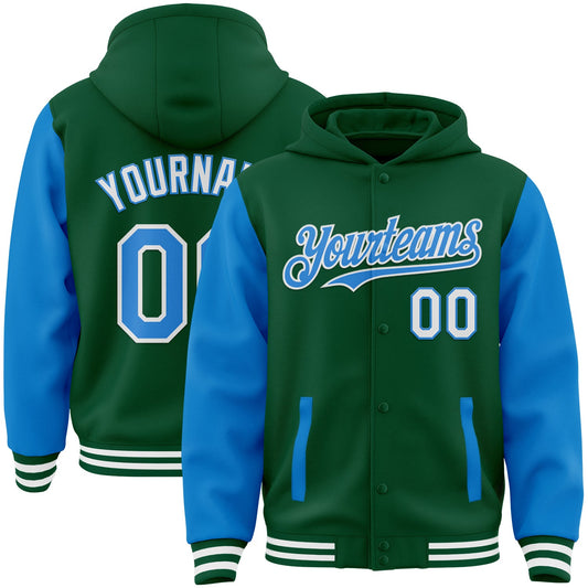 Custom Kelly Green Powder Blue-White Bomber Full-Snap Varsity Letterman Two Tone Hoodie Jacket - Main View