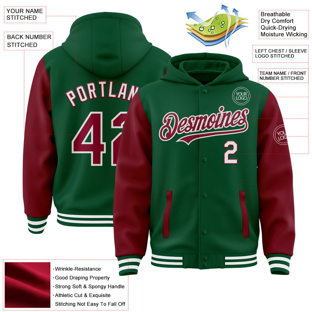 Custom Kelly Green Crimson-White Bomber Full-Snap Varsity Letterman Two Tone Hoodie Jacket view 3