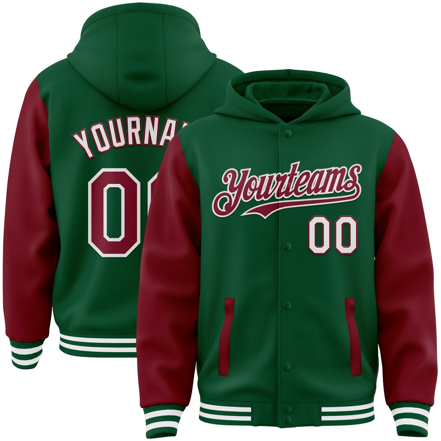 Custom Kelly Green Crimson-White Bomber Full-Snap Varsity Letterman Two Tone Hoodie Jacket - Main View