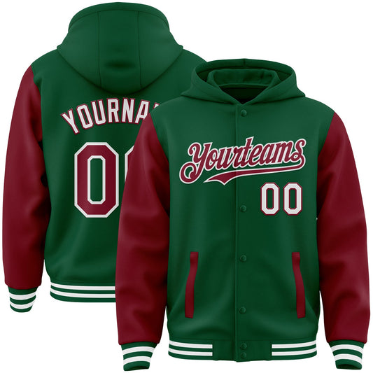 Custom Kelly Green Crimson-White Bomber Full-Snap Varsity Letterman Two Tone Hoodie Jacket - Main View