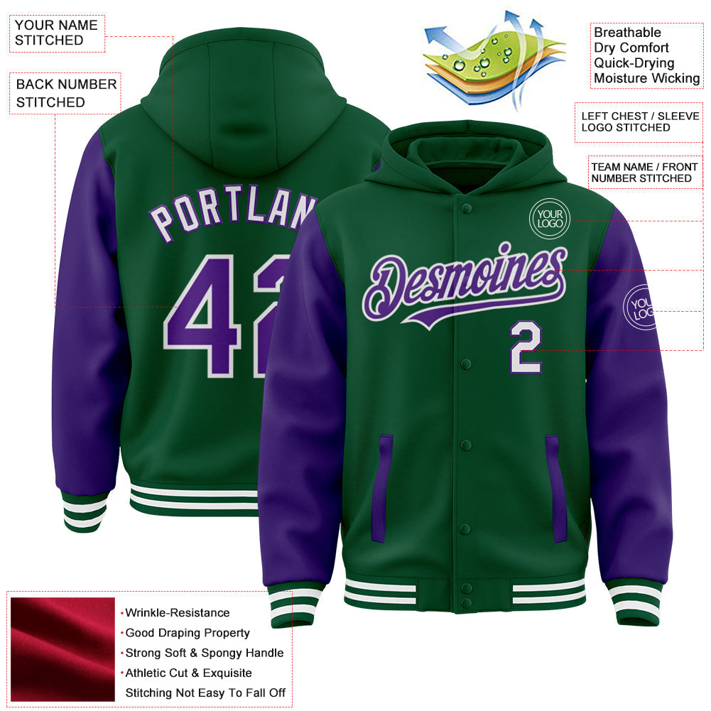 Custom Kelly Green Purple-White Bomber Full-Snap Varsity Letterman Two Tone Hoodie Jacket view 3