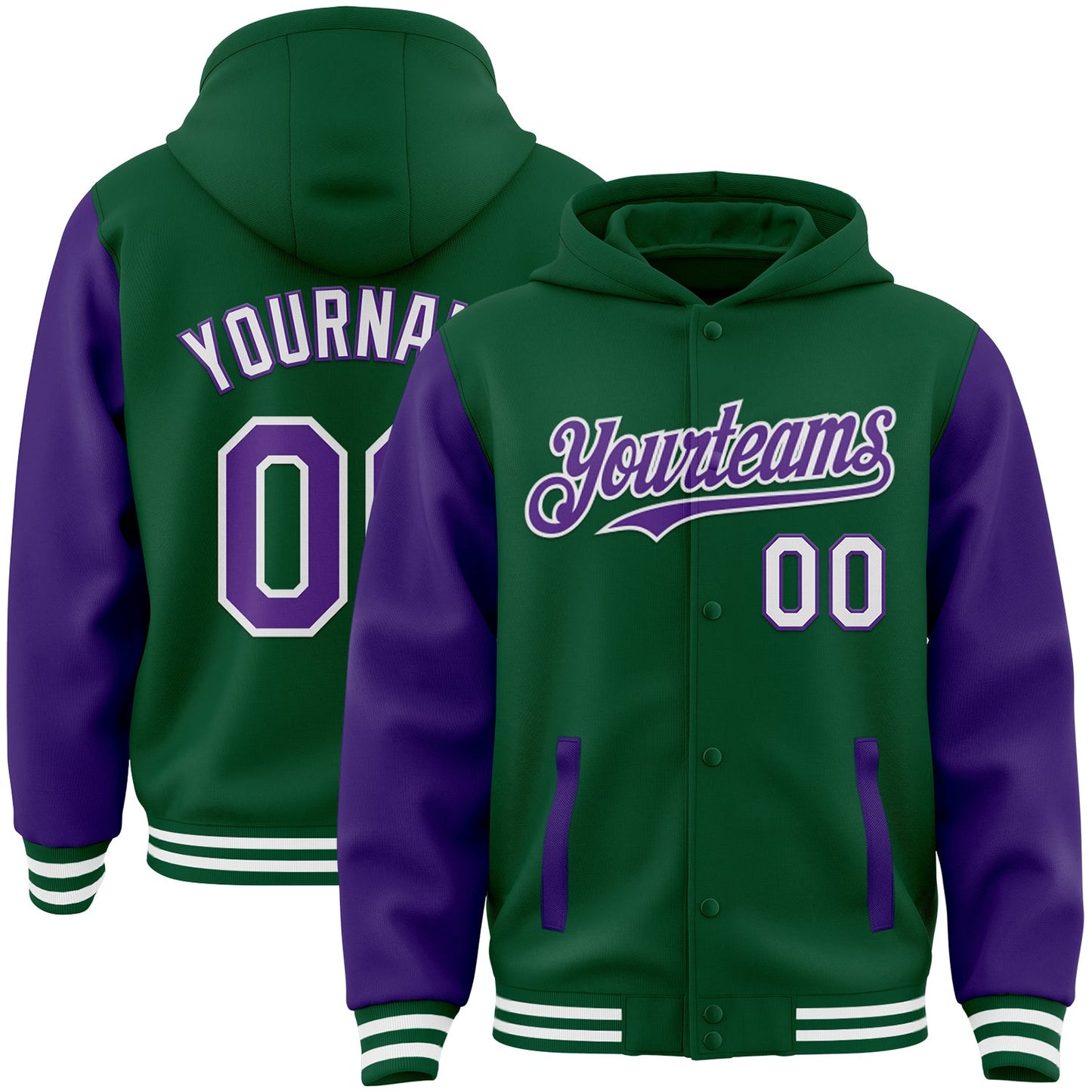 Custom Kelly Green Purple-White Bomber Full-Snap Varsity Letterman Two Tone Hoodie Jacket - Main View